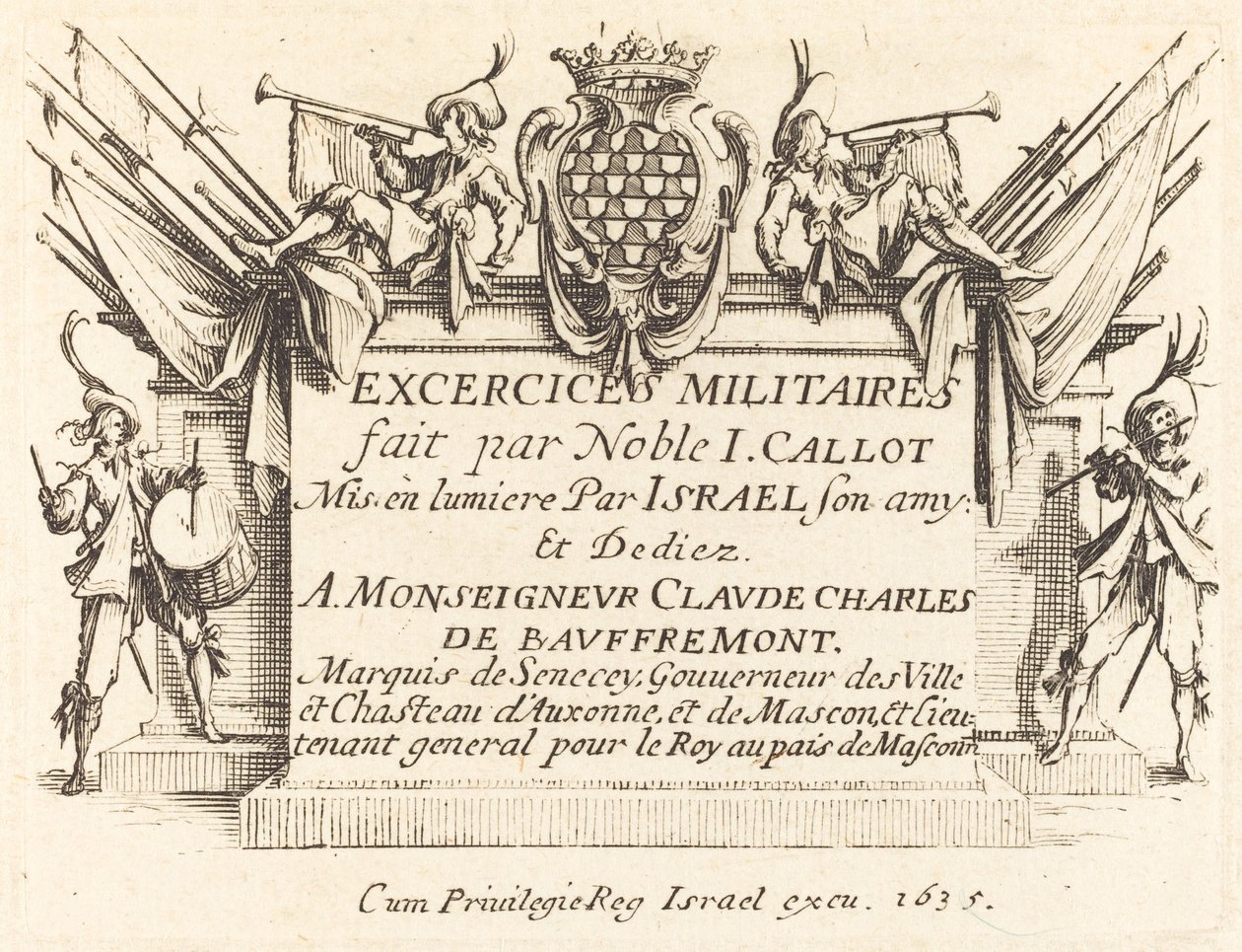 Página de título para "Los ejercicios militares" de Jacques Callot