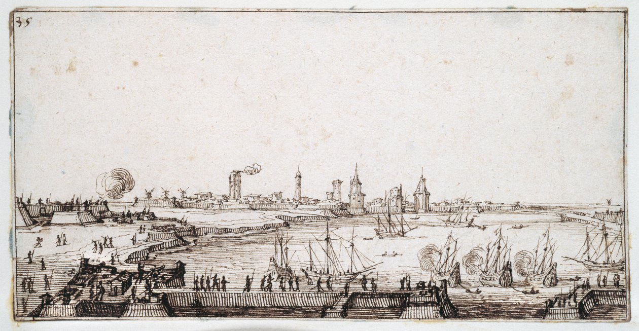 Vista del puerto de La Rochelle con galeones disparando una salva de Jacques Callot