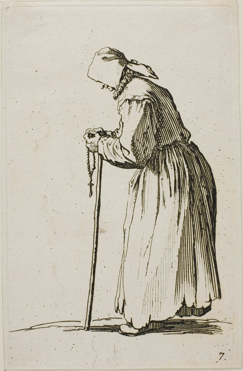 Mujer mendiga con un rosario, lámina siete de Los mendigos de Jacques Callot