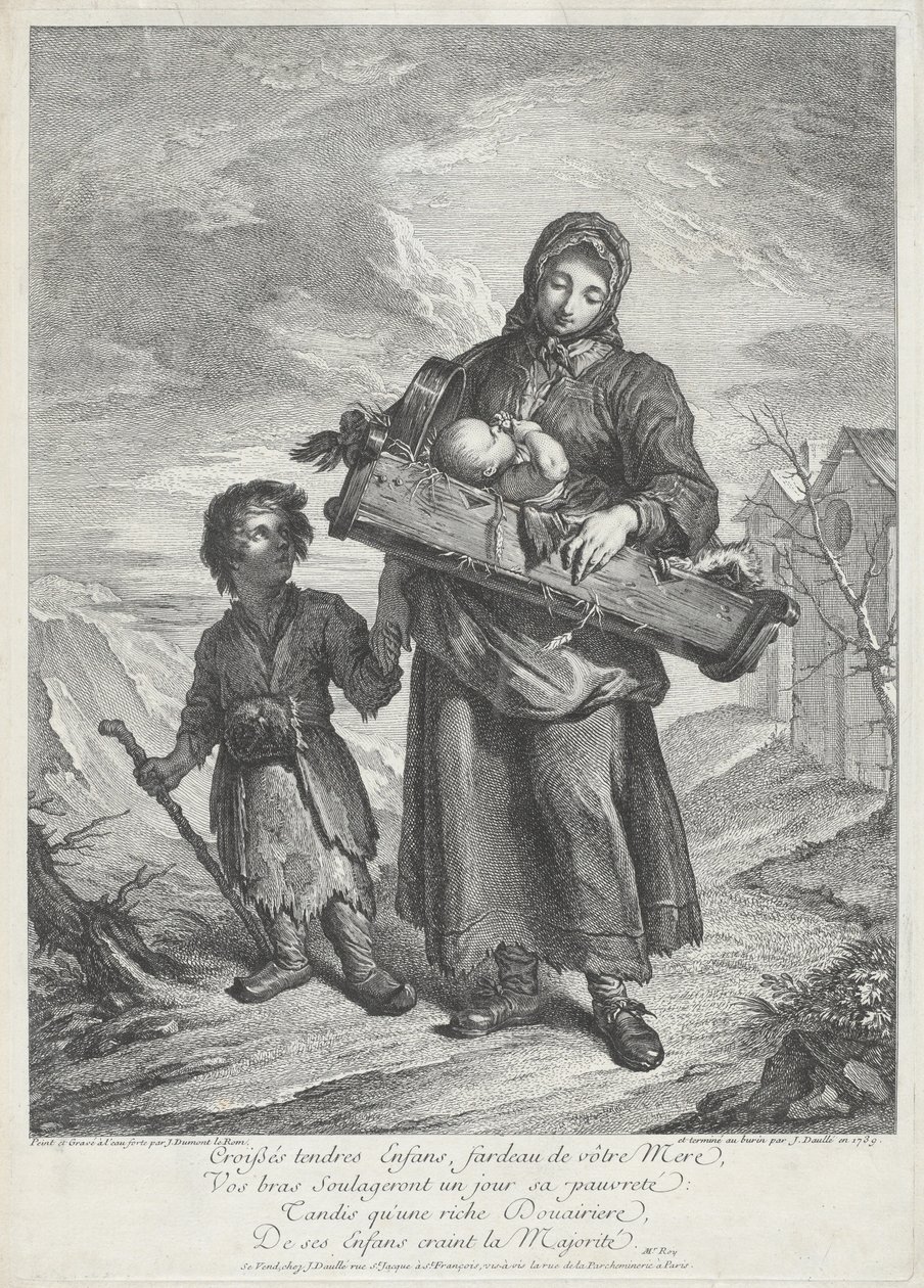 Una joven madre llevando una cuna de Jacques Dumont Le Romain, finished by Jean Daullé