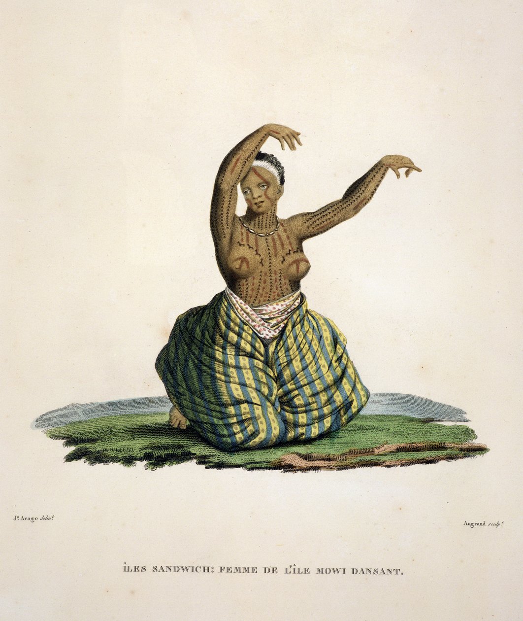 Mujer bailando de la isla de Maui, en las Islas Hawaianas, grabado por Parfait Augrand (n.1782) de Jacques Etienne Victor Arago