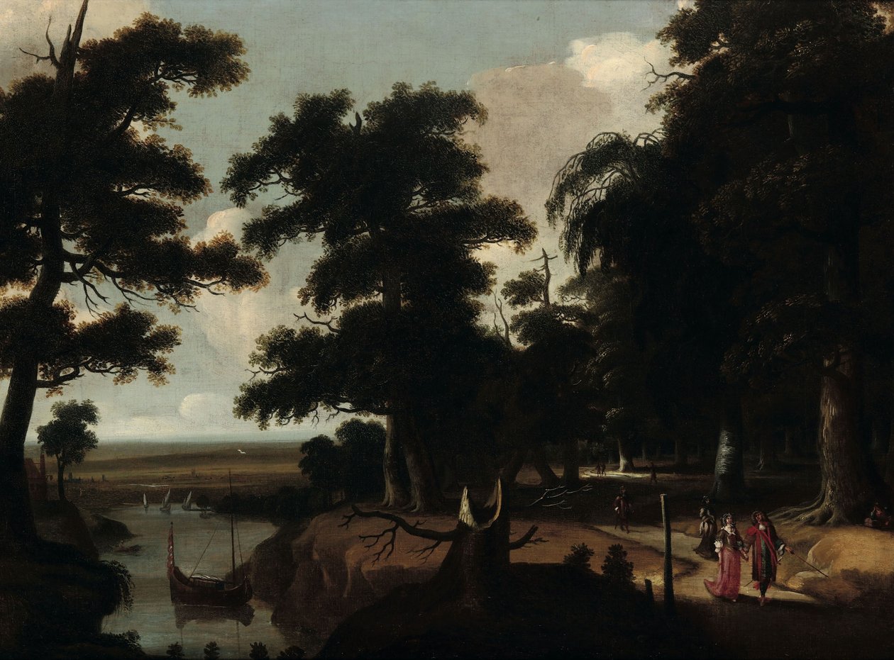 Paisaje boscoso cerca de un río de Jacques Fouquier