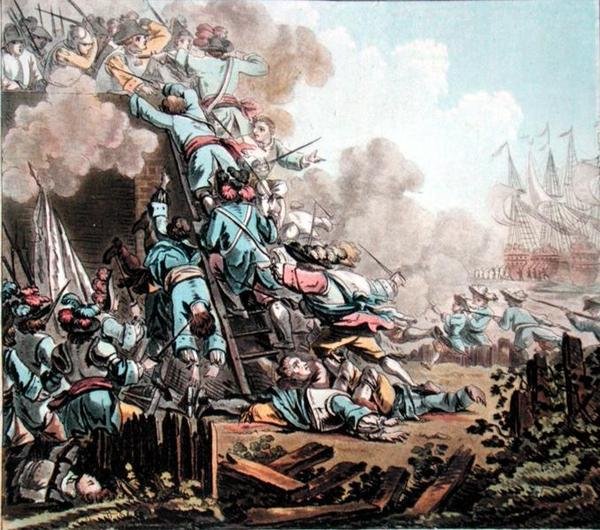 Captura del Fuerte de San Salvador, Sicilia (1674), grabado por Jean Baptiste Morret (fl.1790-1820) de Jacques Francois Joseph (after) Swebach