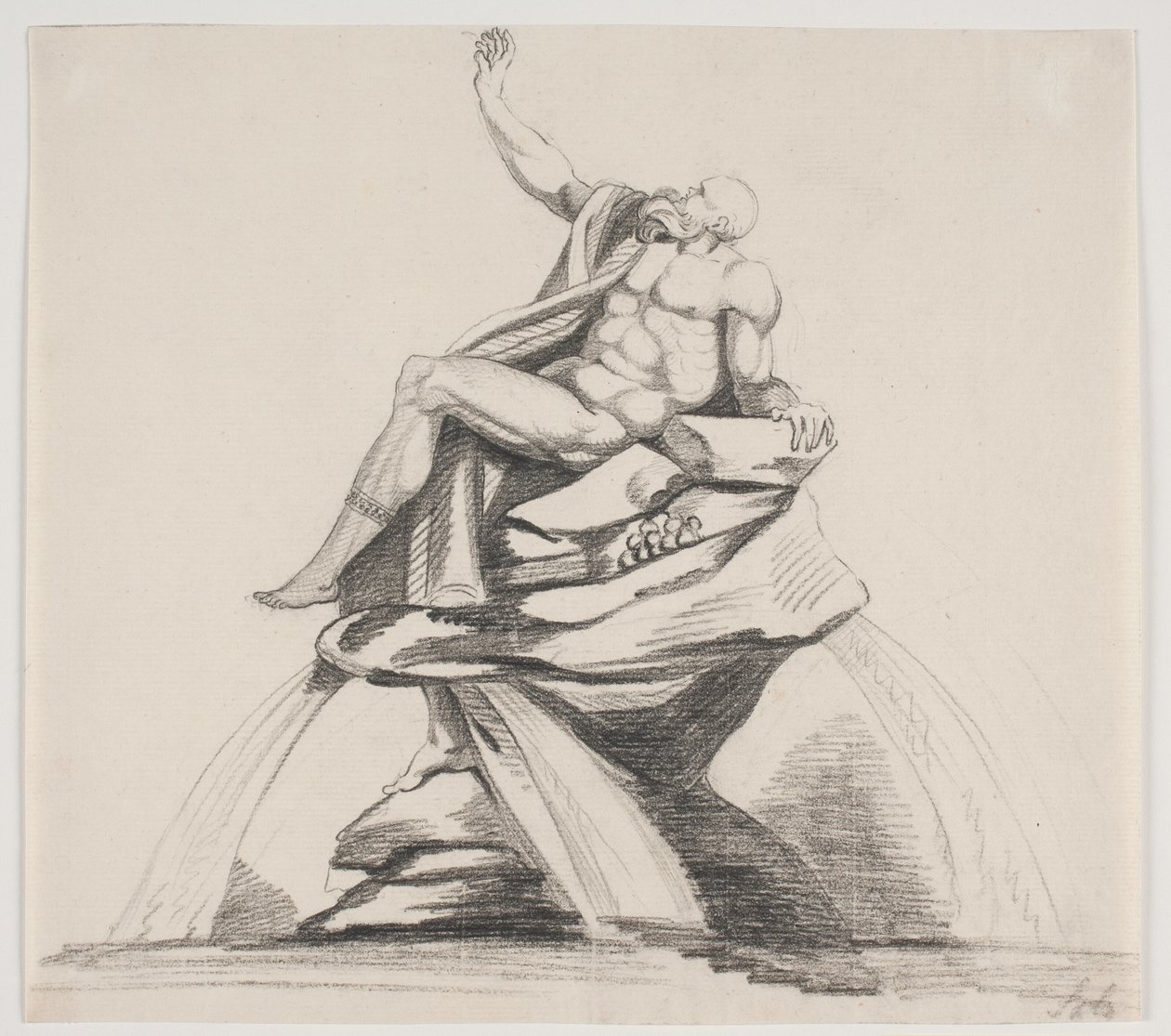 Figura masculina barbuda con vestiduras vista de perfil en una fuente de Jacques Francois Joseph Saly