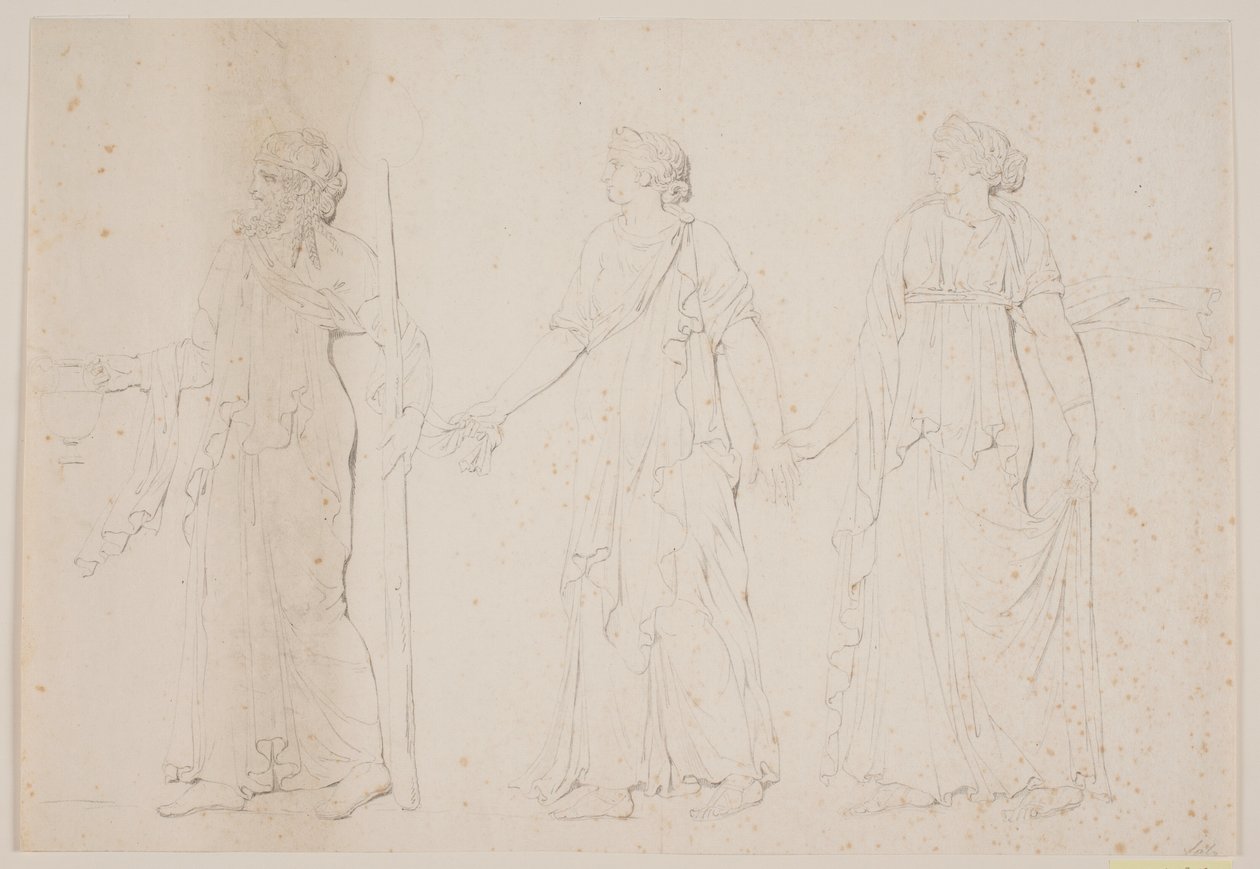 ¿Ofrenda? Tres figuras caminando en vestimentas griegas. Al frente un hombre llevando una ánfora y un bastón o antorcha, seguido de dos mujeres de Jacques Francois Joseph Saly