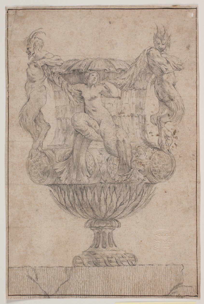 Jarrón decorativo con Pan, fauno y ninfa. Copia de la Pl. 14 en la suite de los jarrones diseñados por Saly en 1746. "Vasa a se inventa..." de Jacques Francois Joseph Saly