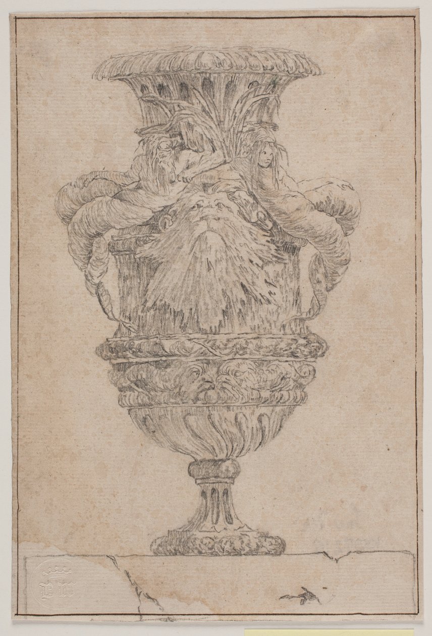 Jarrón decorativo con gran cabeza, dios del mar y ninfa del agua. Copia de la Pl. 26 en la suite de los jarrones dibujados por Saly en 1746. "Vasa a se inventa..." de Jacques Francois Joseph Saly