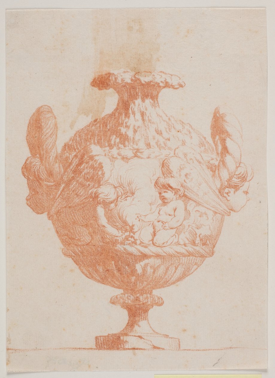 Jarrón decorativo con dos cabezas y dos putti. Copia de la pl. 19 en la suite de los jarrones dibujados por Saly en 1746. "Vasa a se inventa..." de Jacques Francois Joseph Saly
