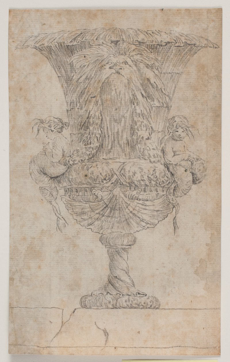 Jarrón ornamental con dos putti (¿sirenas?). Copia de un grabado (pl. 9) de la serie de jarrones dibujados por Saly en 1746. "Vasa a se inventa..." de Jacques Francois Joseph Saly