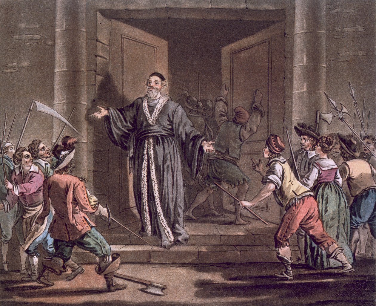 Mathieu Mole (1584-1656) arengado por el pueblo, grabado por Jean Baptiste Morret, 1792 de Jacques Francois Joseph Swebach