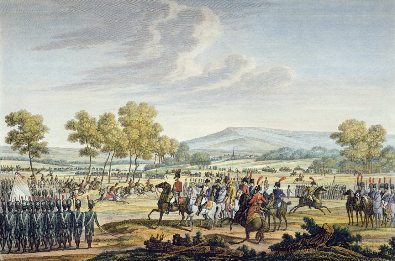 La Guardia Imperial maniobrando en presencia de los dos emperadores en Tilsit, 28 de junio de 1807, grabado por Edme Bovinet (1767-1832) de Jacques Francois Joseph Swebach