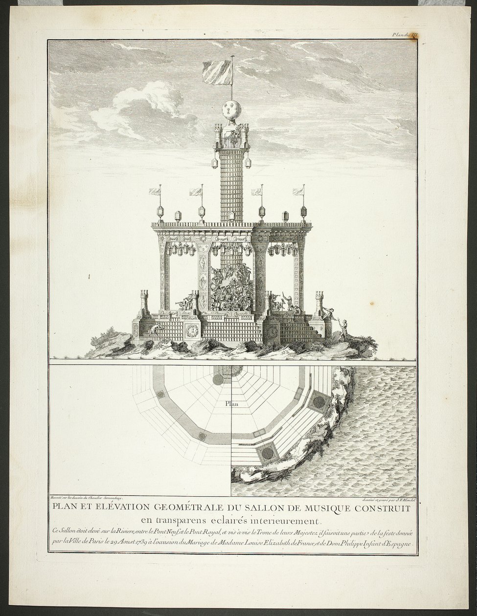 Plano y alzado de una sala de música, lámina tres de Description des Festes Données par la Ville de Paris de Jacques François Blondel