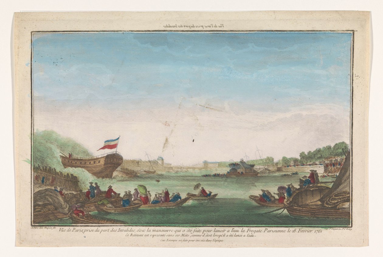 Vista del Port des Invalides en París con la desaparición de la fragata de París el 18 de febrero de 1761 Vüe ​​​​de Paris Prize du Port des Invalides (título sobre objeto) de Jacques Gabriel Huquier