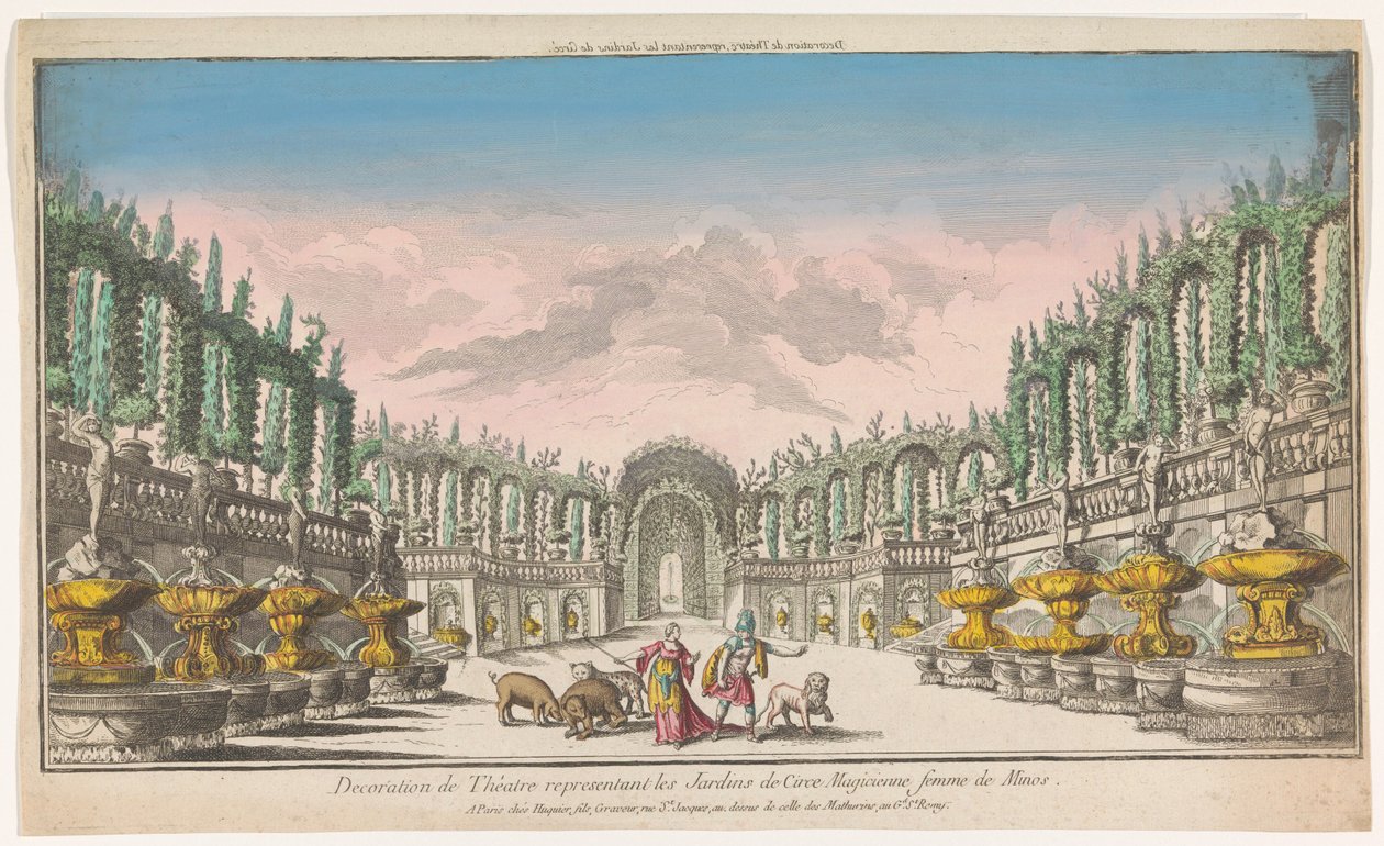 Vista del jardín de Circe . Decoración de teatro, representante de los jardines de Circe (título sobre el objeto) de Jacques Gabriel Huquier