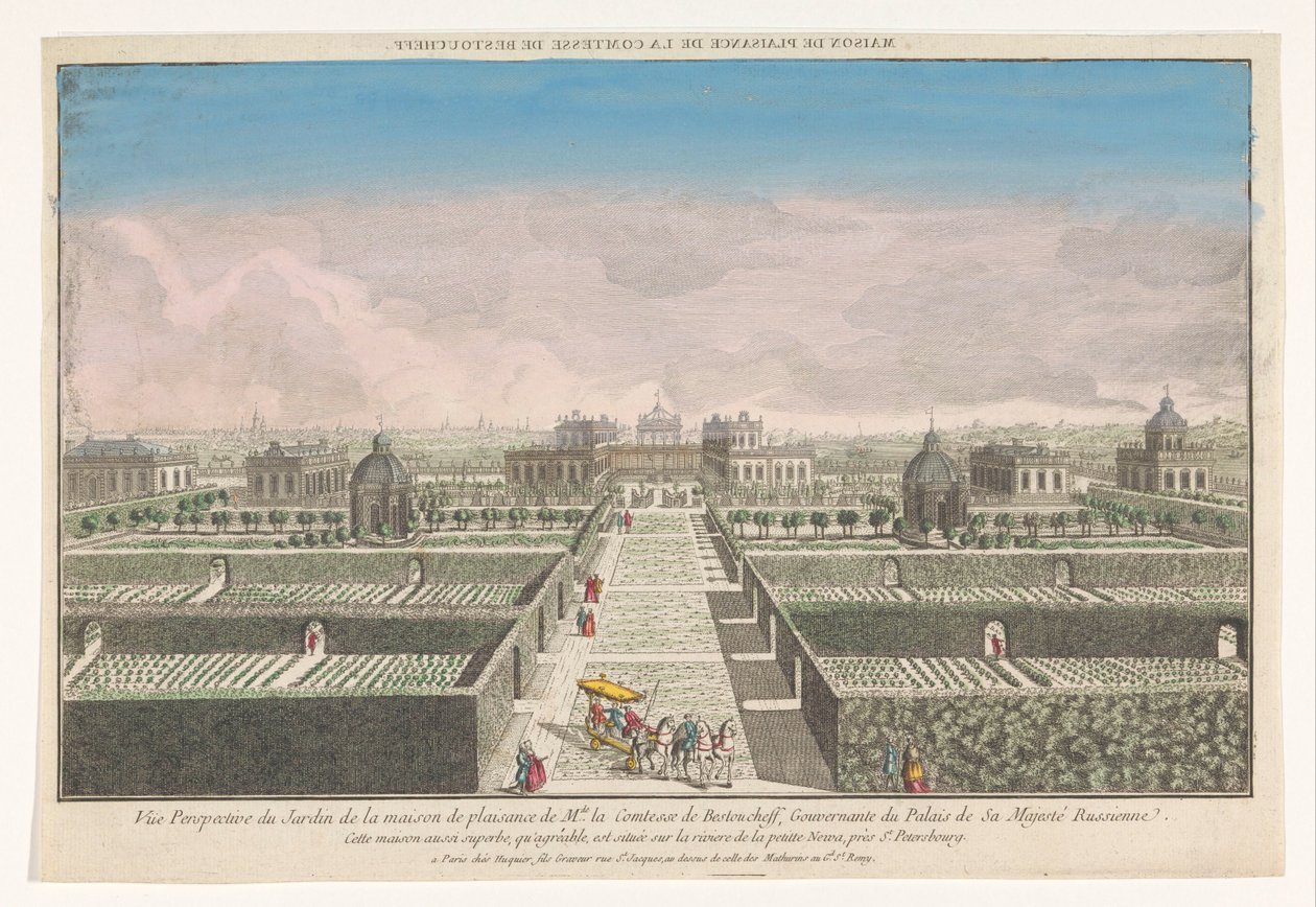 Vista del jardín de la casa de campo de la Condesa de Bestoucheff, cerca de la ciudad de San Petersburgo
Maison de plaisance de la comtesse de Bestoucheff (título en el objeto) de Jacques Gabriel Huquier