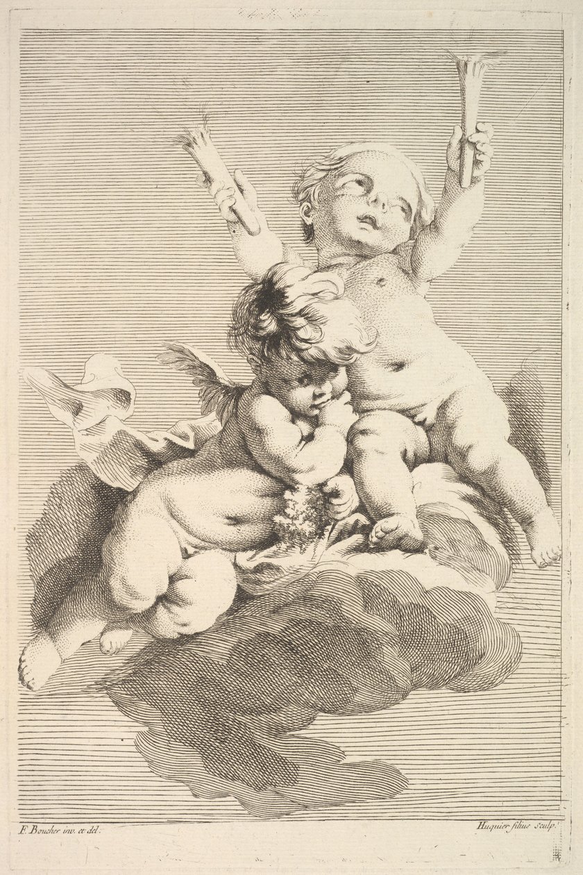 Dos cupidos, uno sosteniendo antorchas de Jacques Gabriel Huquier