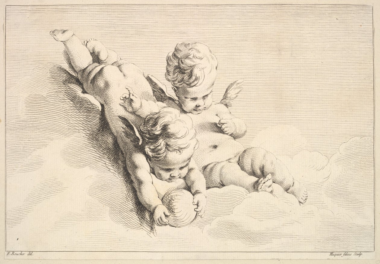 Dos cupidos, uno sosteniendo una pelota, mediados a finales del siglo XVIII de Jacques Gabriel Huquier