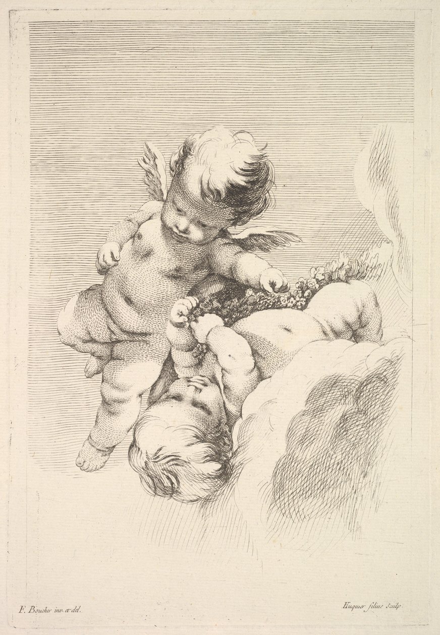 Dos cupidos, uno sosteniendo una corona, mediados a finales del siglo XVIII de Jacques Gabriel Huquier