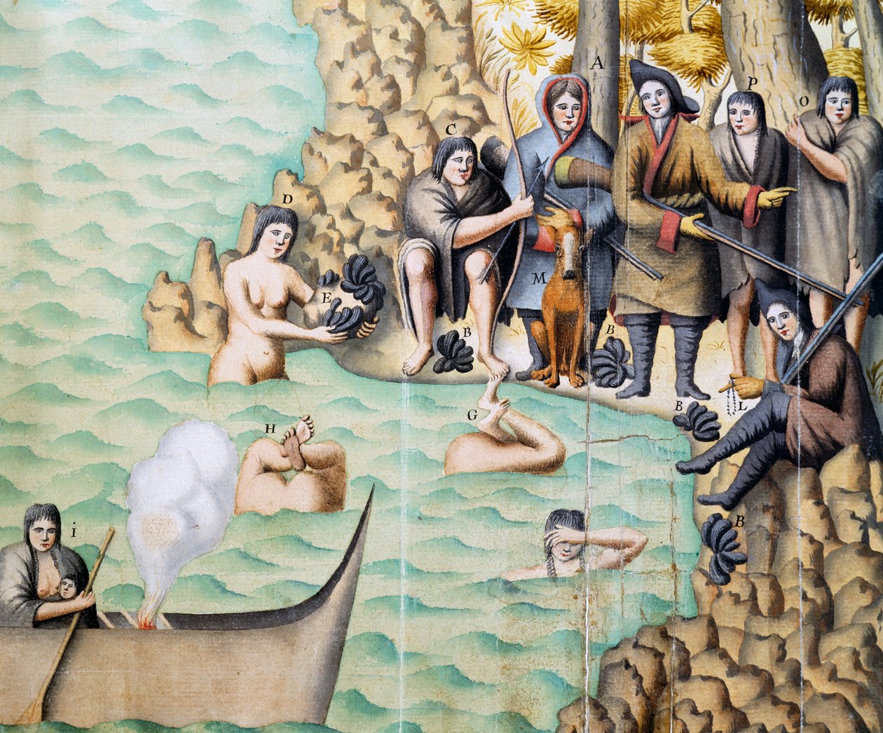 Mujeres nativas pescando mariscos en el Estrecho de Magallanes, acuarela de Duplessis realizada durante el viaje de Jacques Gouin de Beauchesne (1652-1730) por la Patagonia entre 1698 y 1701, Argentina de Jacques Gouin de Beauchesne