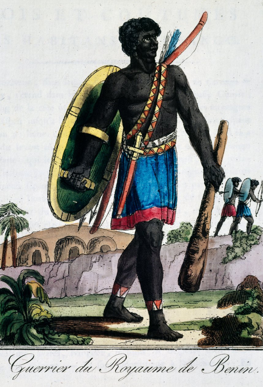 Guerrero de Benín, África, grabado de la enciclopedia de viajes de Jacques Grasset de Saint Sauveur