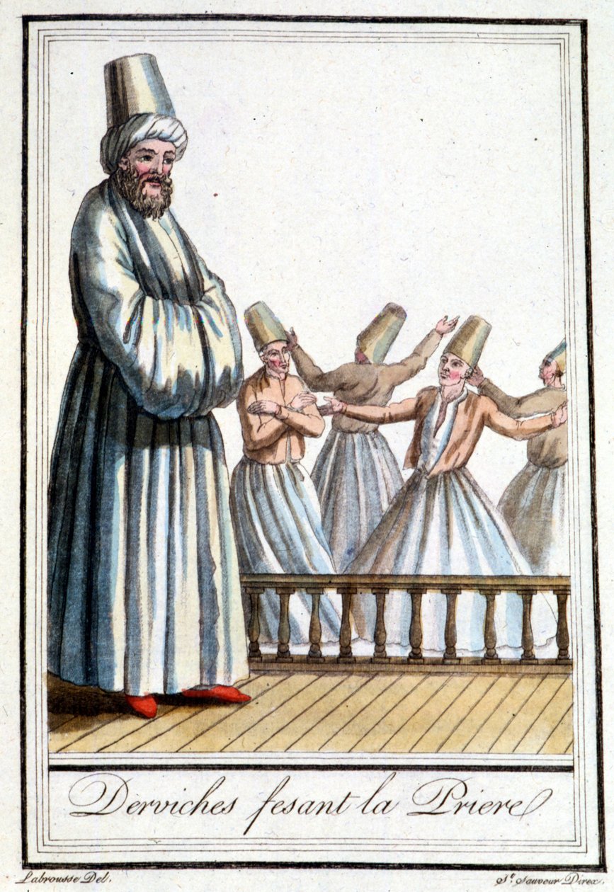 Derviches haciendo la oración (Derviches giradores) - en "Enciclopedia de Viajes" por Grasset Saint Sauveur, ed. París 1796 de Jacques Grasset de Saint Sauveur