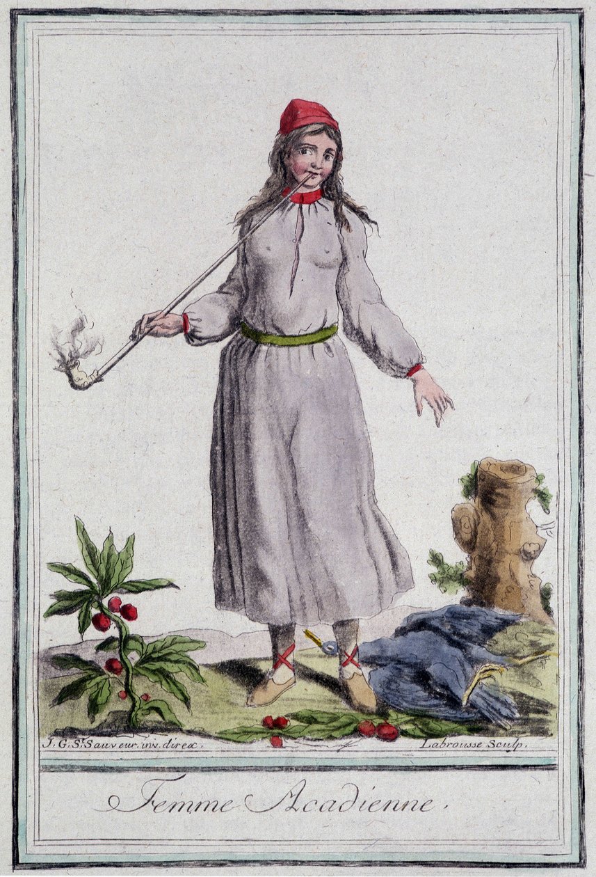 Mujer acadiana - en "Enciclopedia de Viajes" por Grasset St Sauveur, ed. 1796 de Jacques Grasset de Saint Sauveur