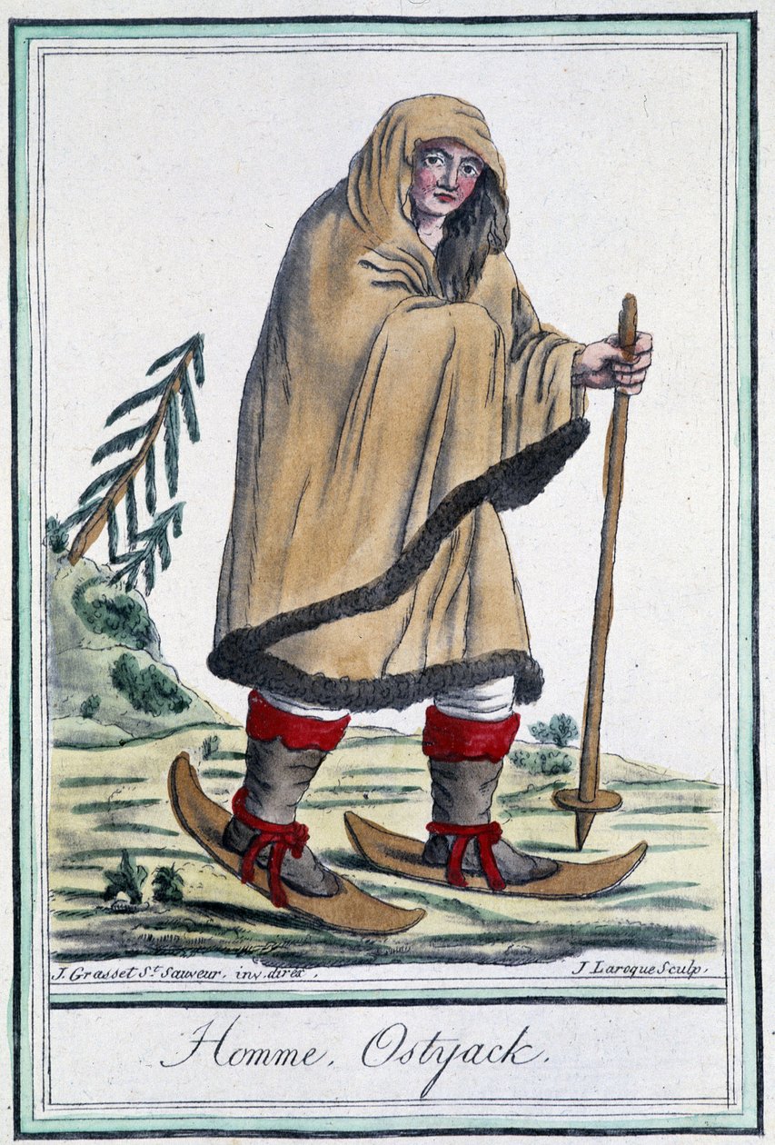 Hombre ostiaco con esquís - en "Enciclopedia de Viajes" por Grasset Saint Sauveur, ed. París 1796 de Jacques Grasset de Saint Sauveur