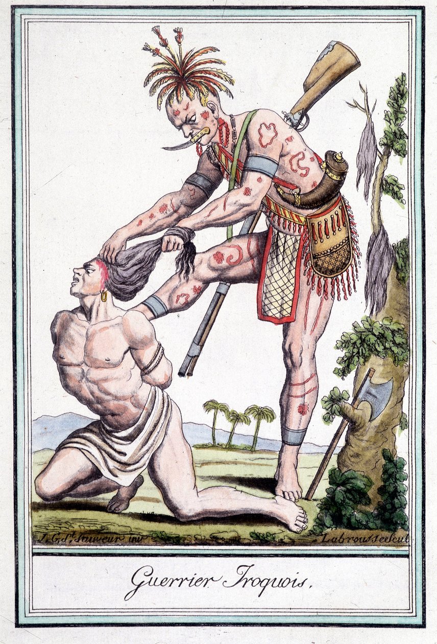 Guerrero iroqués escalpando a su enemigo - en “Encyclopedia of travels” de Grasset St Sauveur, París de Jacques Grasset de Saint Sauveur