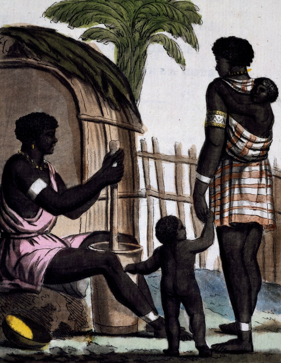 Mujeres Issinia trabajando el arroz, grabado en color de un dibujo de Labrousse (activo 1796), de la Enciclopedia de viajes, por Jacques Grasset de Saint-Sauveur (1757-1810) de Jacques Grasset de Saint Sauveur