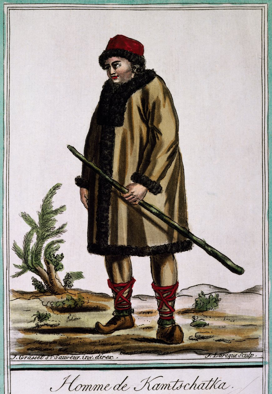 Hombre de Kamchatka, grabado en color por Laroque, Rusia de Jacques Grasset de Saint Sauveur