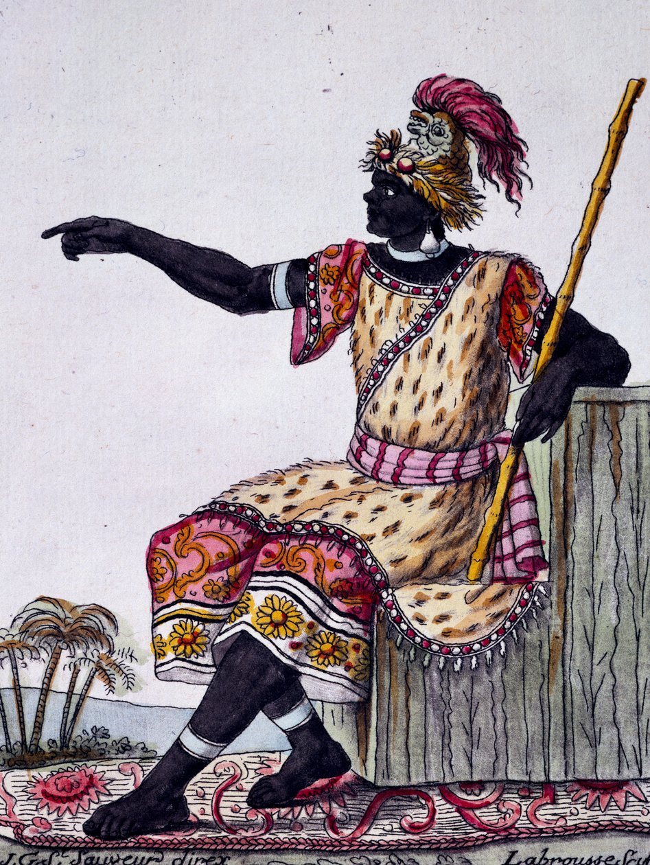 Rey de Loango, grabado en color de un dibujo de Labrousse (activo 1796), de la Enciclopedia de viajes, por Jacques Grasset de Saint-Sauveur (1757-1810) de Jacques Grasset de Saint Sauveur