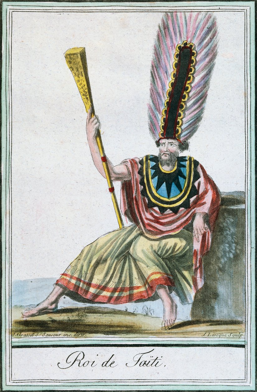 Rey de Tahití, Islas de la Sociedad, grabado en color de un dibujo de Labrousse, de la Encyclopedie des Voyages de Jacques Grasset de Saint-Sauveur de Jacques Grasset de Saint Sauveur
