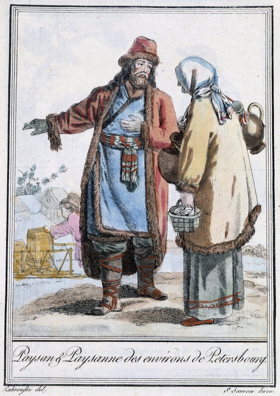 Campesino y campesina de Petersburgo - en “Encyclopedia of Travels” de Grasset St Sauveur, ed. 1796 de Jacques Grasset de Saint Sauveur