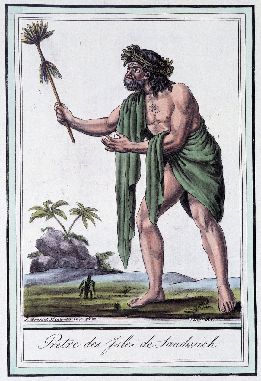 Sacerdote de las islas Sandwich - en Encyclopédie des voyages por Grasset Saint Sauveur, ed. París 1796 de Jacques Grasset de Saint Sauveur