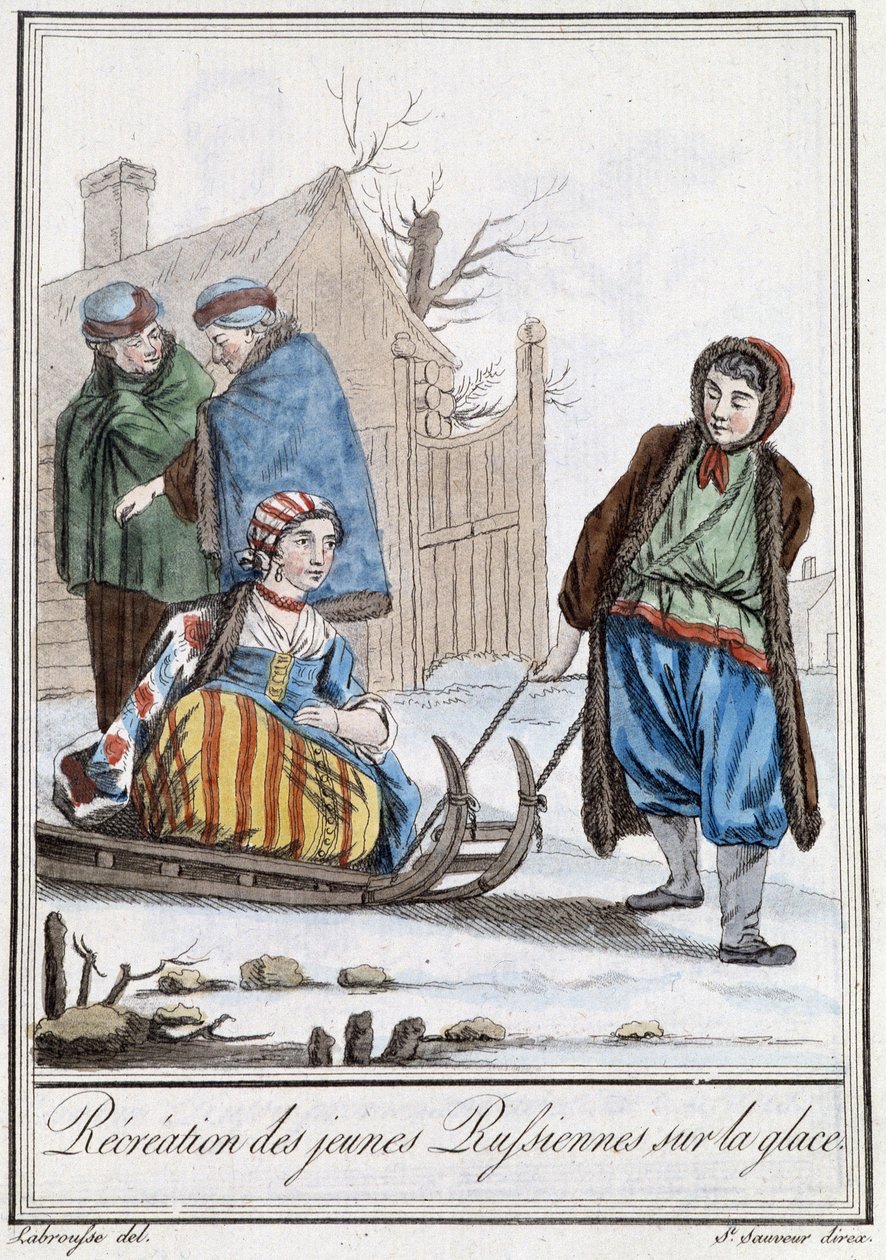 Recreación de jóvenes rusas en un trineo (rusos) - en “Encyclopédie des voyages” de Grasset Saint Sauveur, ed. París 1796 de Jacques Grasset de Saint Sauveur