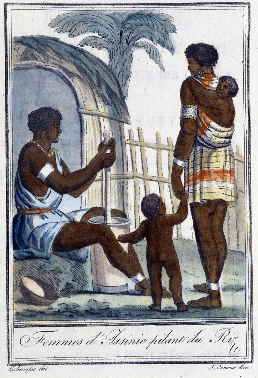 Mujeres de Issinie moliendo arroz - en "Encyclopedia of Travels" de Grasset St Sauveur, ed. 1796 de Jacques Grasset de Saint Sauveur