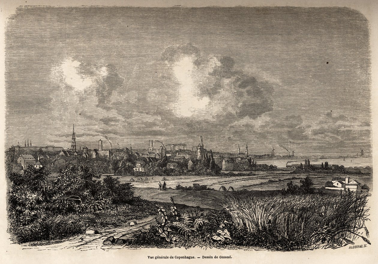 Vista general de Copenhague, dibujo de Jacques Guiaud (1810-1876), para ilustrar el viaje de J.M. Dargaud a Dinamarca (1800-1860), en 1860. Grabado en “Le tour du monde”, editado por Edouard Charton de Jacques Guiaud