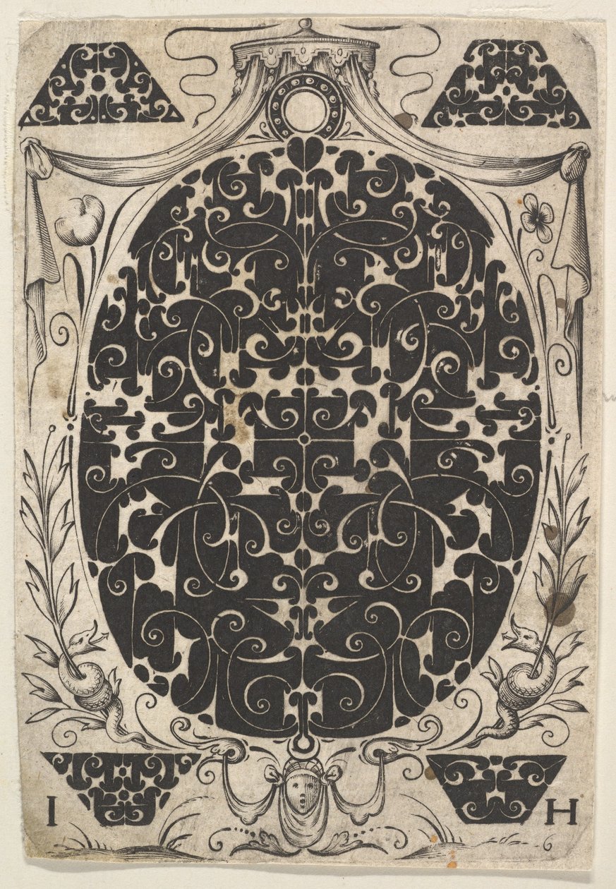 Colgante oval decorado con Schweifwerk, rodeado de motivos más pequeños y coronado de Jacques Hurtu