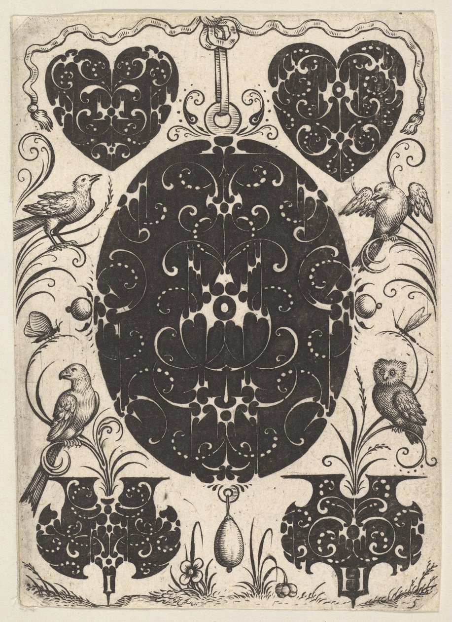 Colgante oval decorado con Schweifwerk, rodeado de motivos más pequeños y cuatro pájaros, ca. 1614-19 de Jacques Hurtu