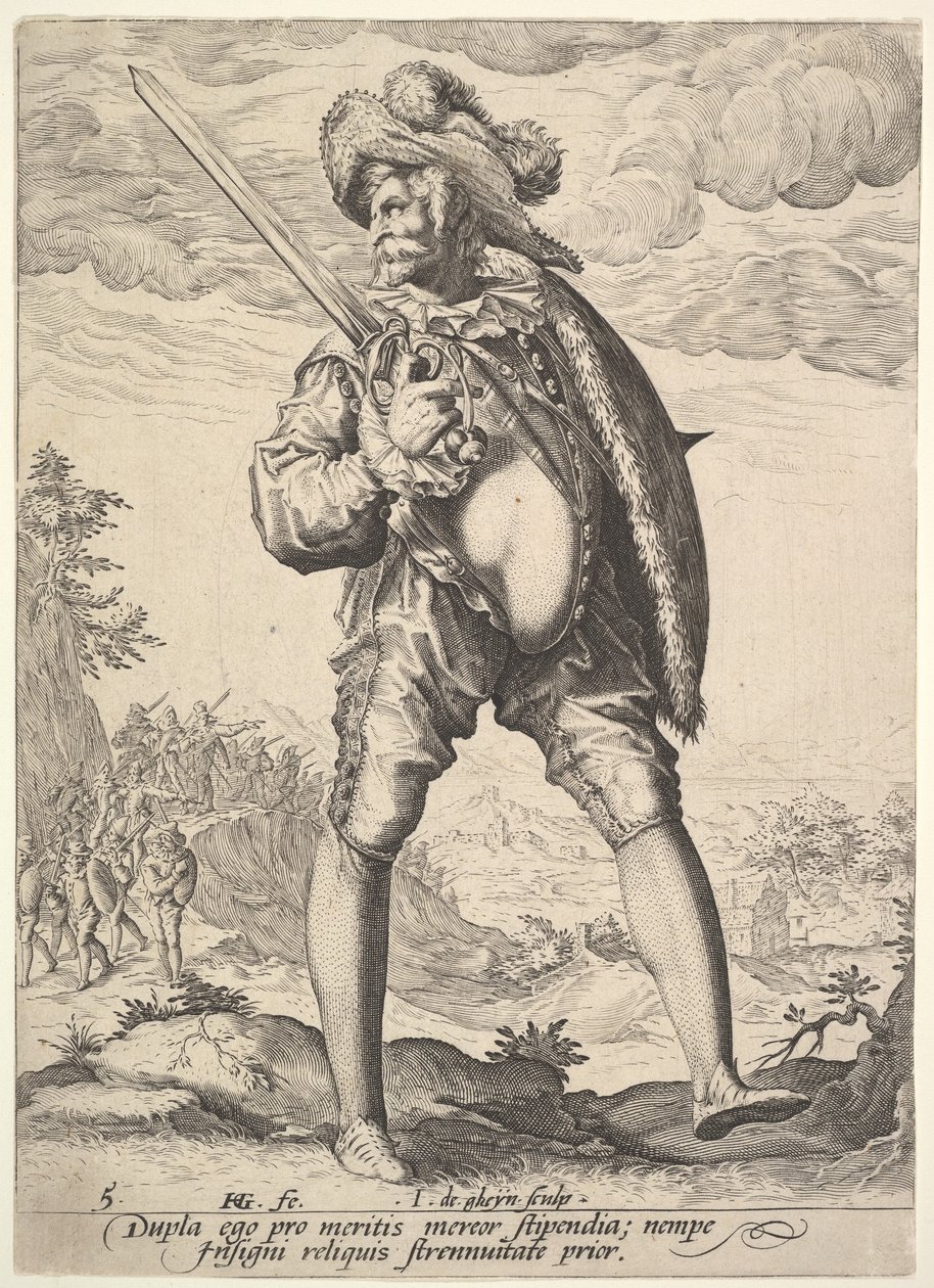 Soldado, armado con espada ancha y escudo, de Oficiales y Soldados, 1587 de Jacques II de Gheyn