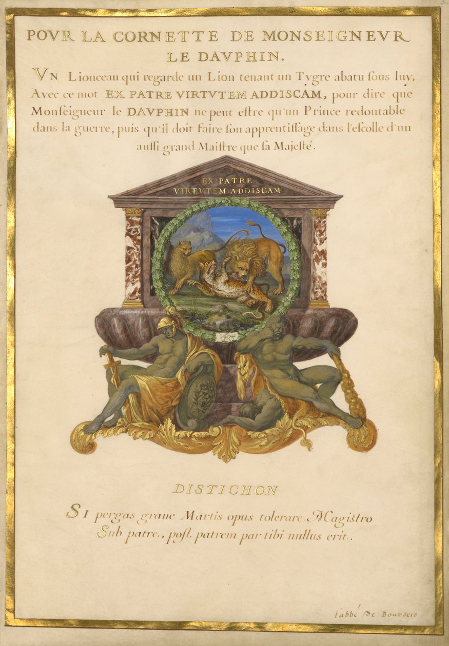 Ms. 11 (4) f.5, Emblema para Luis XIV, c.1663-68 (gouache y oro sobre pergamino) de Jacques I Bailly