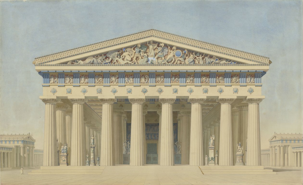 Templo T de Selinunte (Sicilia), alzado restaurado de la fachada principal de Jacques Ignace Hittorff