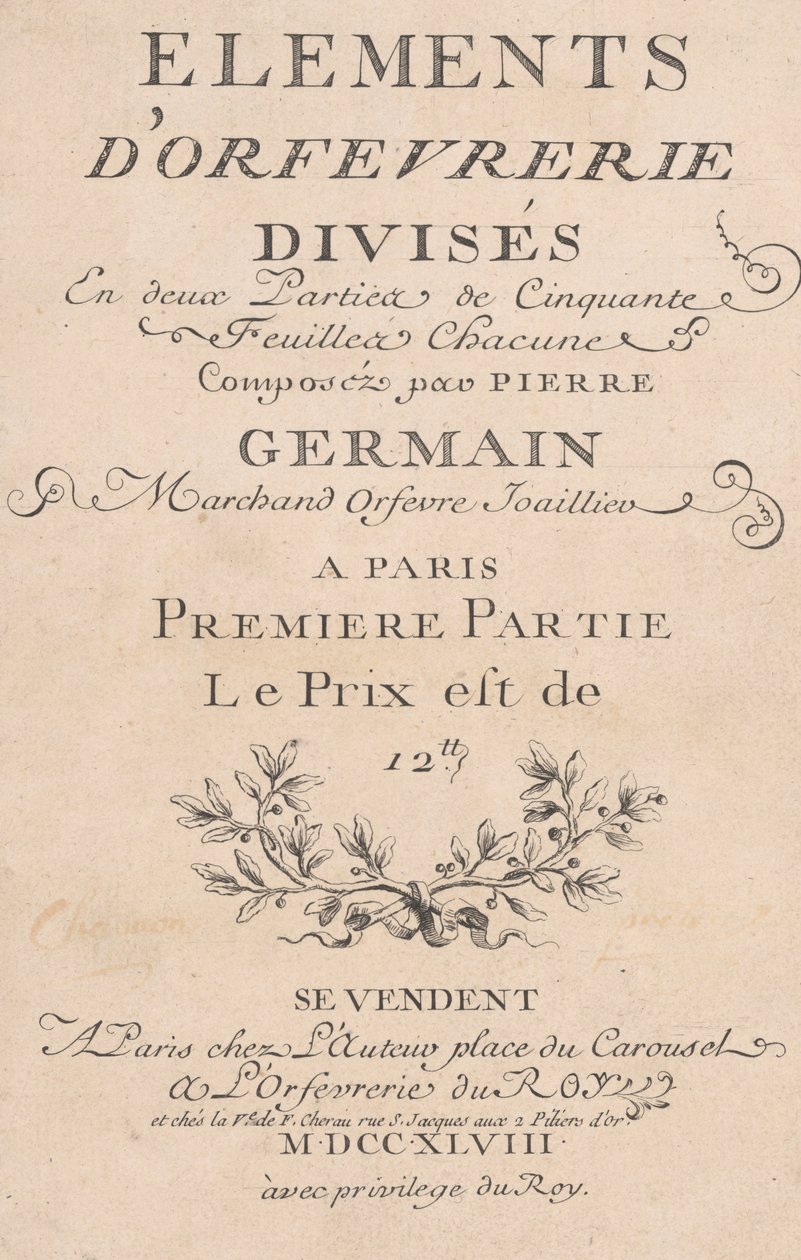 Elementos de Orfebrería Divididos en dos Partes de Cincuenta Hojas, 1748 de Jacques Jean Pasquier
