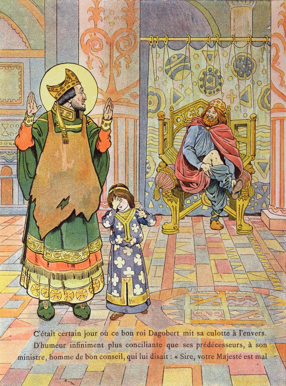 El Rey Dagoberto I (c.603-39) poniéndose los pantalones al revés, ilustración de 