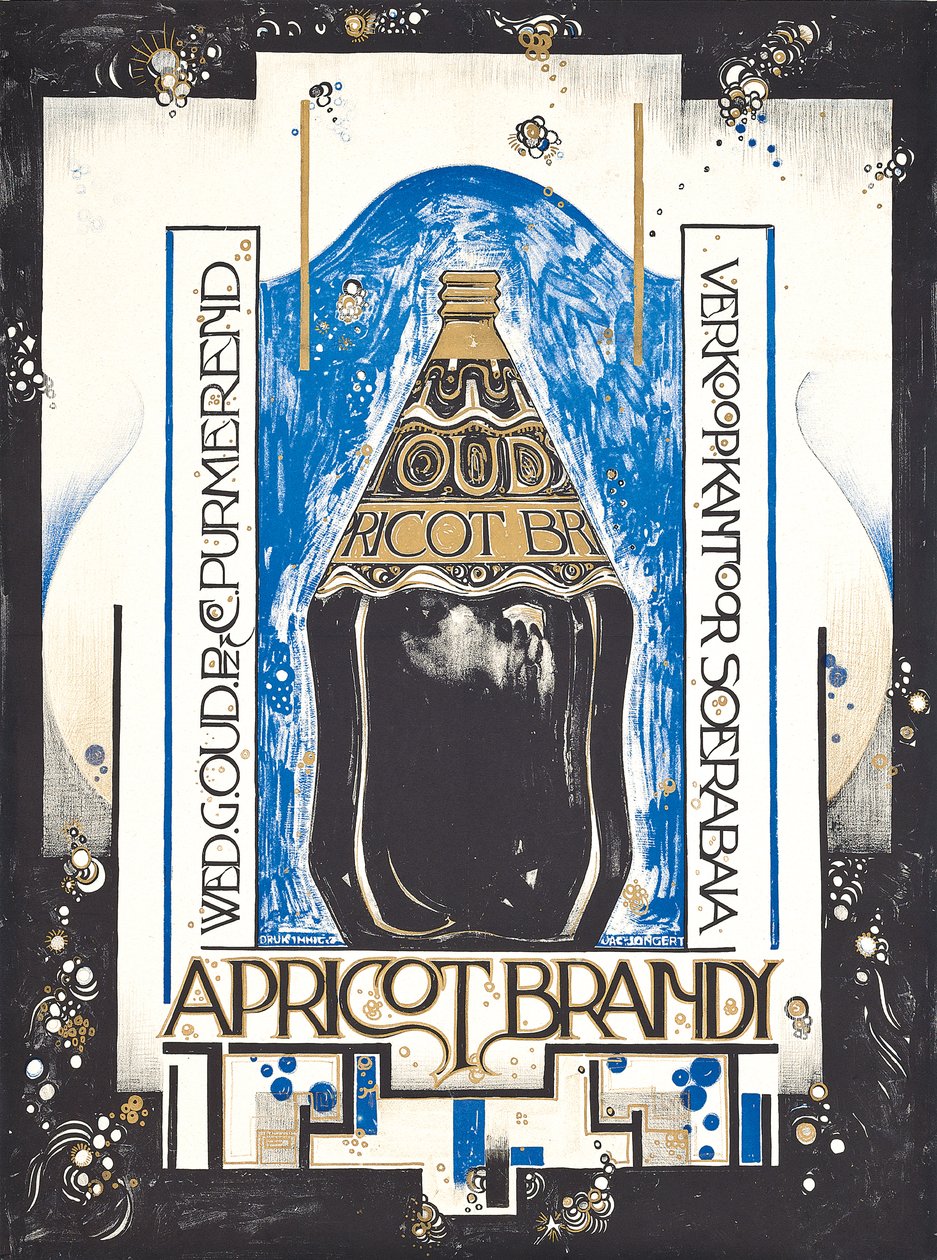 Póster publicitario de brandy de albaricoque, para el vendedor de vino y jerez Oud, c.1920 de Jacques Jongert