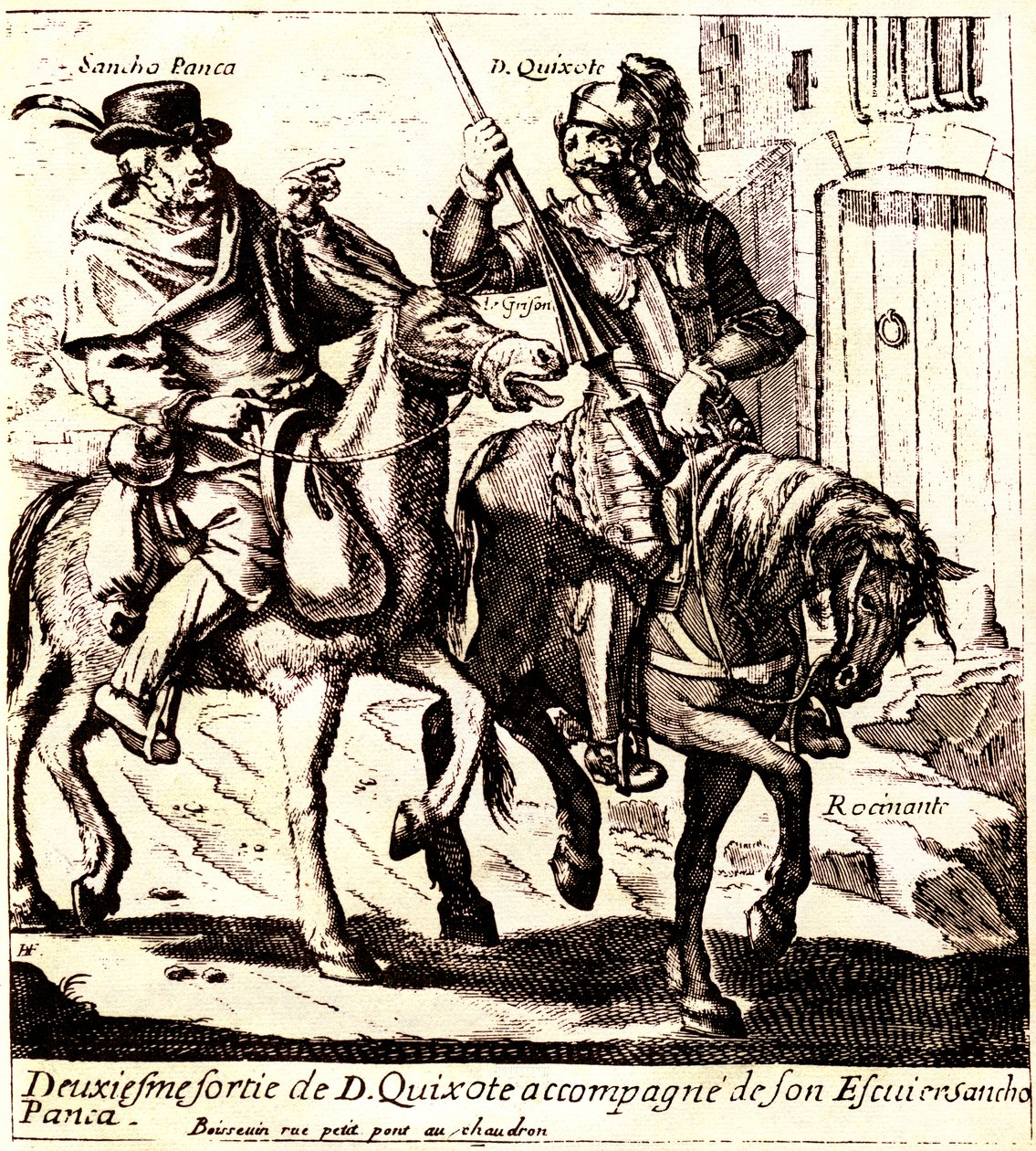 Don Quijote en Rossinante, acompañado de Sancho Panca en su burro Grisón, hacia 1640 (ilustración) de Jacques Lagniet