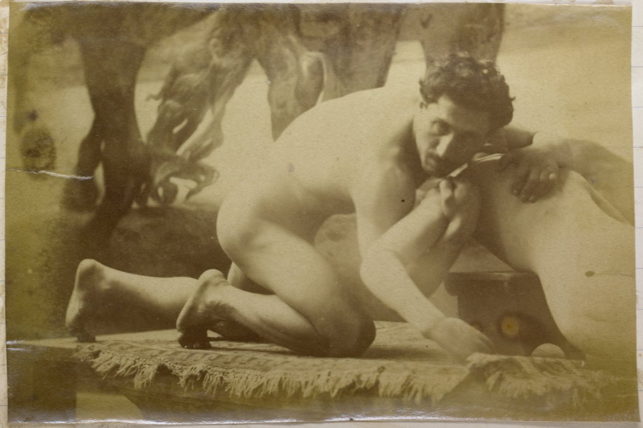 Estudio de un modelo masculino desnudo, tendido en el suelo y luchando con un maniquí, en el estudio de Jacques de Lalaing, posible estudio preliminar para el cuadro Los luchadores de Jacques Lalaing (attributed to)