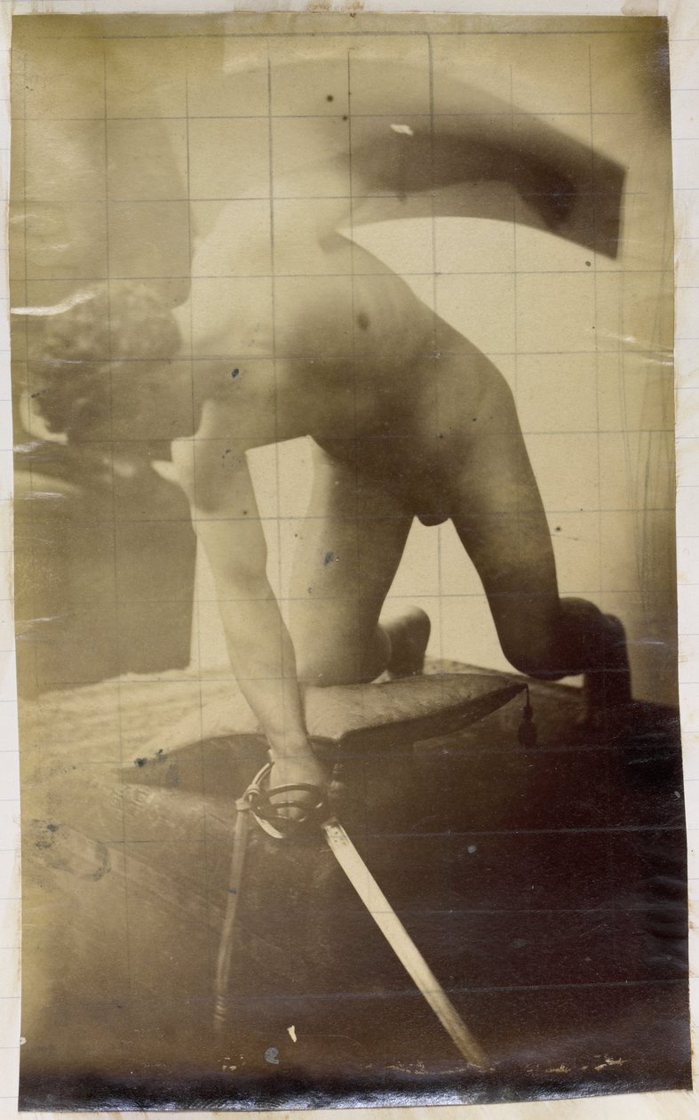 Estudio de un modelo desnudo masculino, de rodillas con espada y escudo en las manos, en el taller de Jacques de Lalaing de Jacques Lalaing (attributed to)