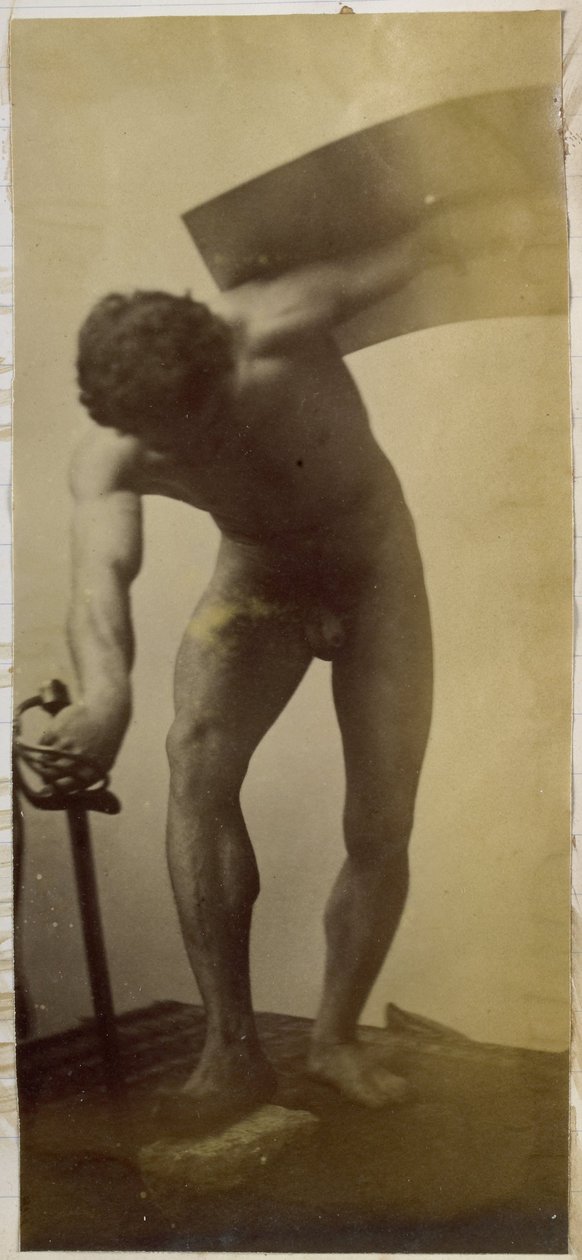 Estudio de un modelo desnudo masculino, de pie inclinado con espada y escudo en las manos, en el estudio de Jacques de Lalaing de Jacques Lalaing (attributed to)