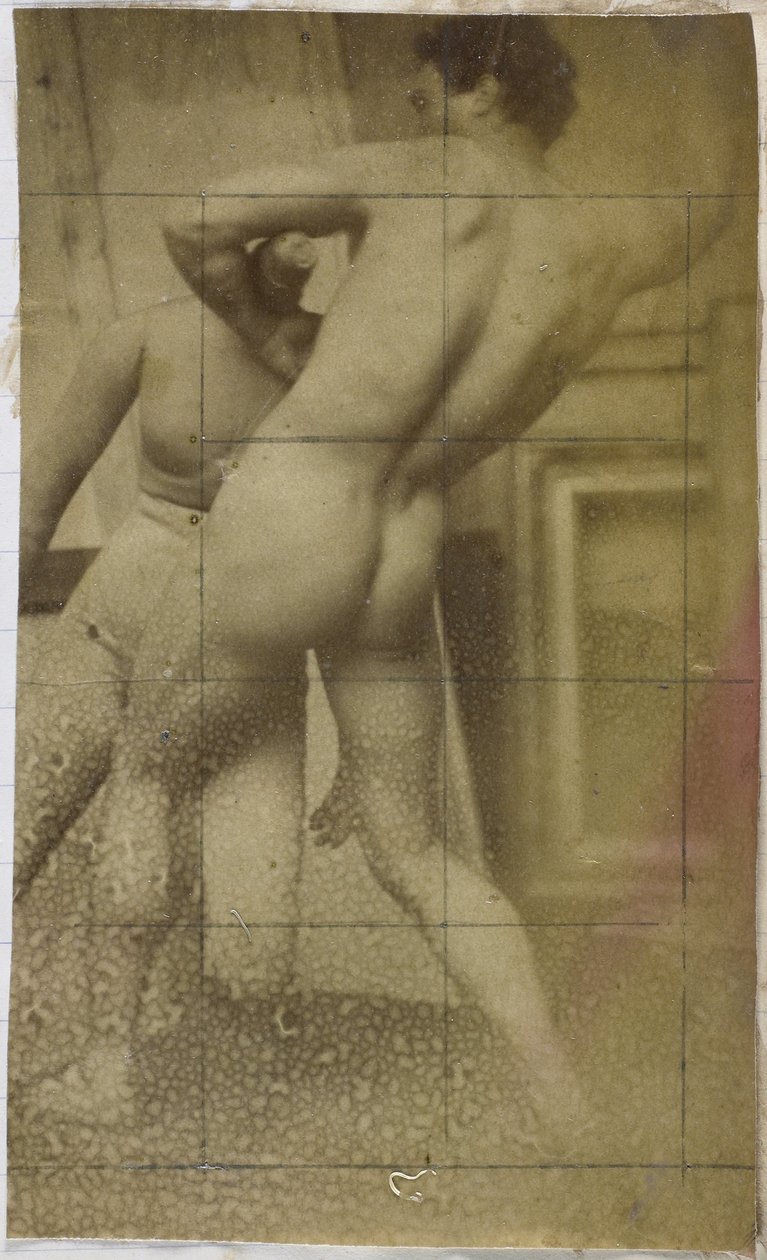Estudio de un modelo desnudo masculino, de pie, visto de espaldas y luchando con un maniquí, en el estudio de Jacques de Lalaing, posible estudio preliminar para el cuadro Los luchadores de Jacques Lalaing (attributed to)